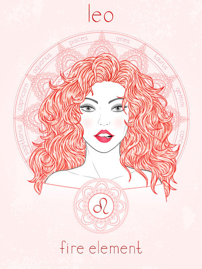 矢量插画的狮子星座，肖像美丽的女孩。