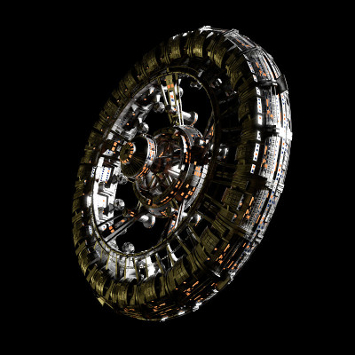 未来空间站孤立在黑色背景下，高细节宇宙飞船(3d科幻插图)