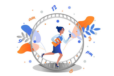 Business woman runs rat race in hamster wheel cloc