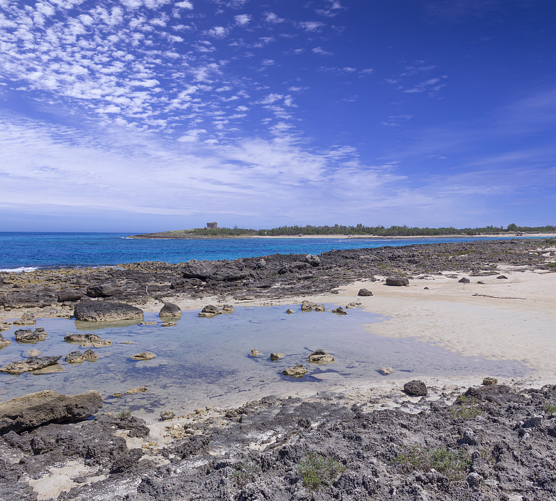 夏天的海滩。托雷瓜塞托自然保护区:海岸和沙丘的全景。意大利(阿普利亚)。地中海大陆架:陆地和海洋之间