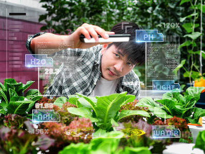 年轻聪明的亚洲农民在他的智能农场使用Ar,Vr,3d投影玻璃技术。
