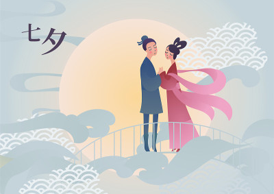 矢量插图卡为中国七夕节。一对可爱的卡通人物牛郎和织女站在桥上。字幕翻译:七夕，也可读作七夕