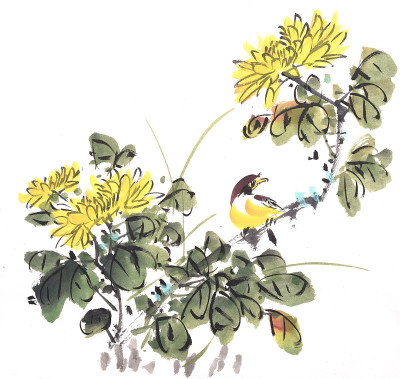 菊花和鸟。传统东方水墨画