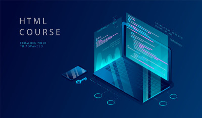 HTML等距3D概念课程。网站登录页面。编程教育过程，编码，网站开发Html 5, Php, Js,