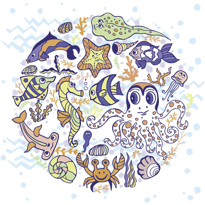 卡通搞笑鱼，海洋生物圈背景。柔和的颜色
