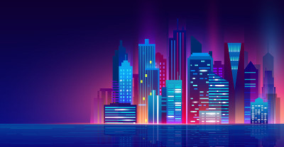 矢量插图的未来夜城市与霓虹灯。水上城市景观，美丽的夜晚现代城市，城市灯光。