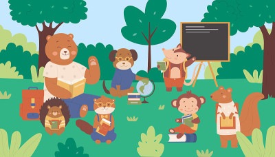 森林动物在学校，卡通可爱的野生动物学生孩子的角色在课堂上学