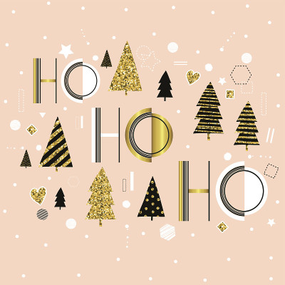 Ho Ho Ho)。可爱的圣诞插图与金色的圣诞树