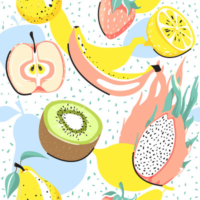 Modern seamless tropical pattern with kiwi, dragon