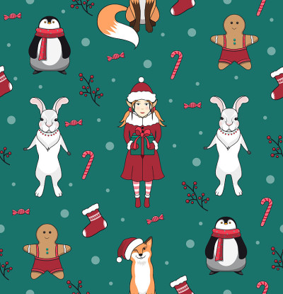 Seamless pattern with elf, fox, hare and penguin. 