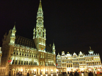 大广场(Grote Markt)，主要的广场，在布鲁塞尔，比利时，在夜间，有照明的建筑