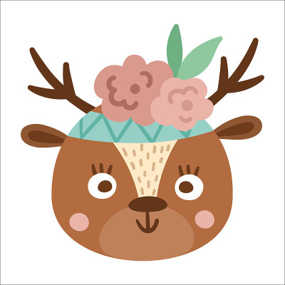 Vector cute wild animal face with flowers on head.