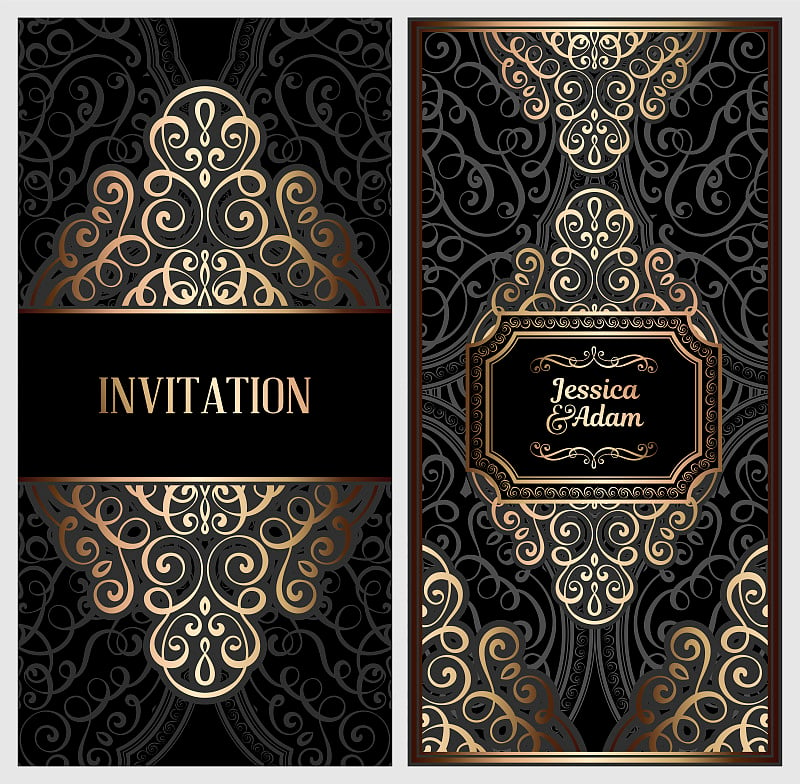 Black and gold luxury wedding invitation card with