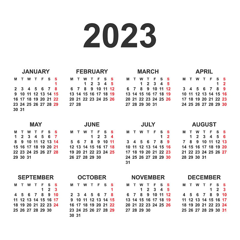 2023年的日历。星期一开始上课。简单的向量模板。