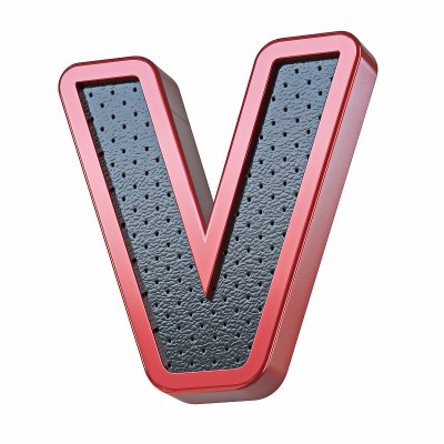 红色闪亮金属和黑色皮革字体字母V 3D