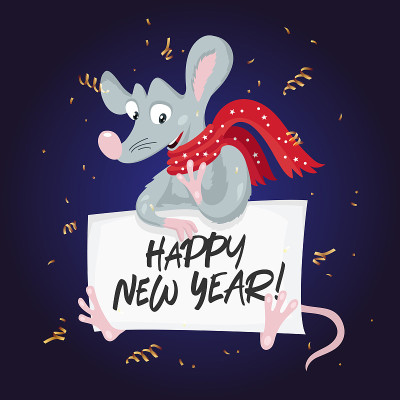 Funny rat in a red scarf with a sheet of paper.