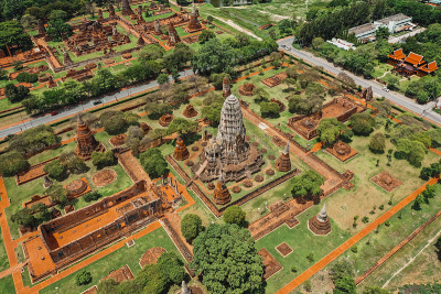 鸟瞰图大城府，Wat ratchabrana，空在冠状病毒期间，在Phra Nakhon Si大城府