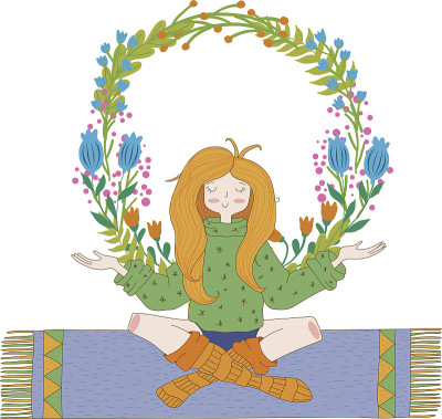 快乐的嬉皮女孩与鲜花，鲜艳的颜色手绘向量。爱与和平的插图。冥想的主题。