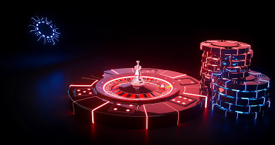 现代黑色和红色，蓝色霓虹灯轮盘赌轮和赌场筹码- 3D插图