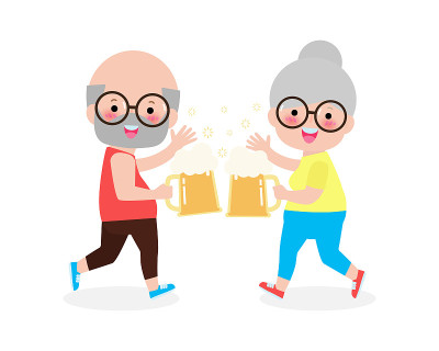 一对老年夫妇在碰杯啤酒，老年人拿着啤酒。快乐的国际啤酒日孤立在白色的背景。周五派对矢量插图平坦