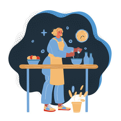 矢量插图的妇女烹饪在晚上在黑暗的背景。