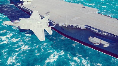 F-35战斗机从航空母舰垂直起飞。三维渲染
