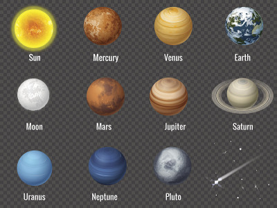 太阳系行星在透明的背景，孤立的矢量插图。
