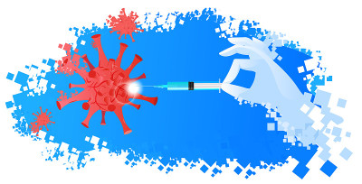 red influenza virus cells and syringe with coronav