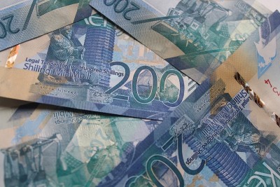 200百肯尼亚先令钞票上一堆200先令钞票，俯视。