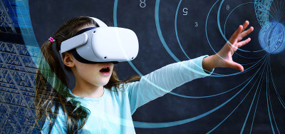 孩子们戴着虚拟现实耳机，孩子们戴着VR眼镜