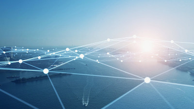 港口城市与通讯网络的概念。5克。物联网(IoT)。电信。