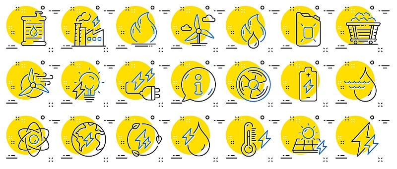 能量类型为线条图标。煤车，太阳能电池板，水电图标。可持续的电力。向量