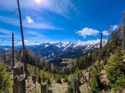 Matschacher Gupf -奥地利阿尔卑斯山Baeren山谷的全景。山脉的最高峰被积雪覆盖