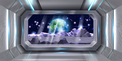 宇宙飞船窗口，向量航天飞机座舱视图，外星球背景，游戏宇宙飞船站。