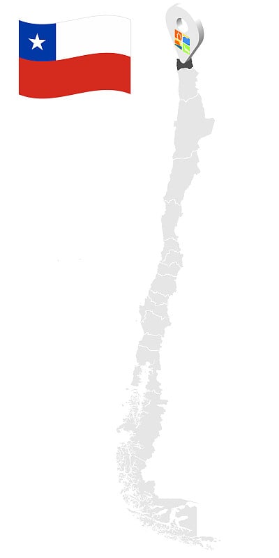 智利地图上阿里卡y帕里纳科塔地区的位置。类似阿里卡y帕里纳科塔旗的3d位置标志。质量地图与省份的智利