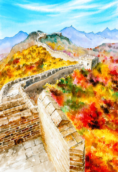 水彩画-中国的长城