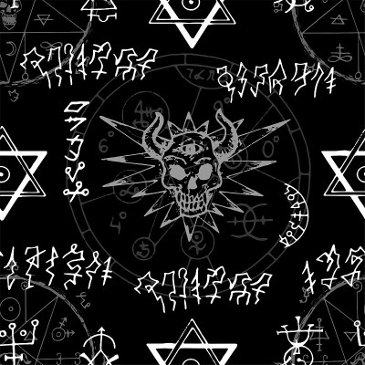 无缝图案，可怕的图纸，五角星和炼金术符号在黑色的背景。