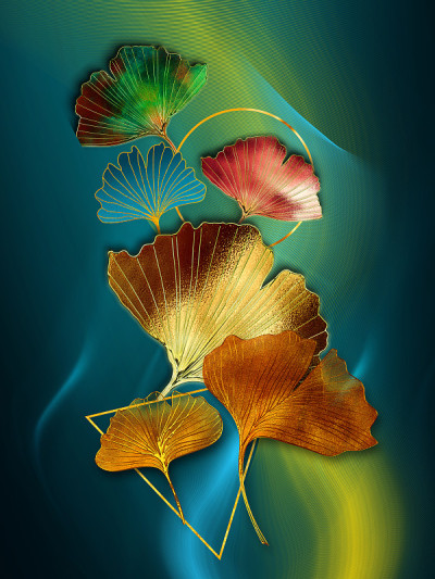 现代墙框油画艺术墙纸。
3d彩色羽毛和珍珠在波浪形深色背景