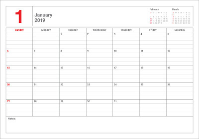 2019年1月台历矢量插图