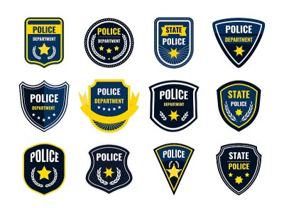 警察徽章。保安部门的盾牌符号。联邦政府当局的横幅。治安官用黄色星星和花圈做标志。矢量警察贴纸或警察补