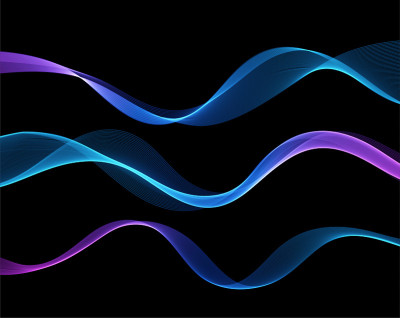 矢量抽象的彩色流动波浪线孤立在黑色背景。技术、科学、音乐或现代概念的设计元素。