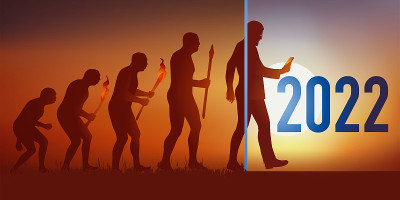 以智能手机发明之前的人类进化为主题的2022年贺卡。