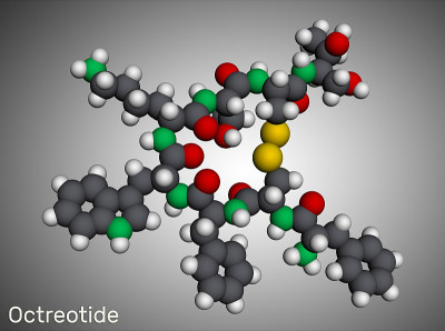 Octreotide分子。它是八肽，合成生长抑素类似物，生长激素，胰高血糖素，胰岛素的抑制剂。分子模