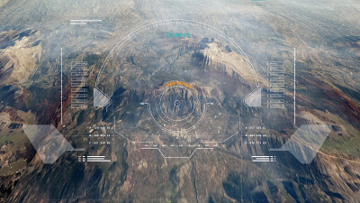 Hud未来的空中监视飞越神秘的山，敌人目标检查3D渲染插图。