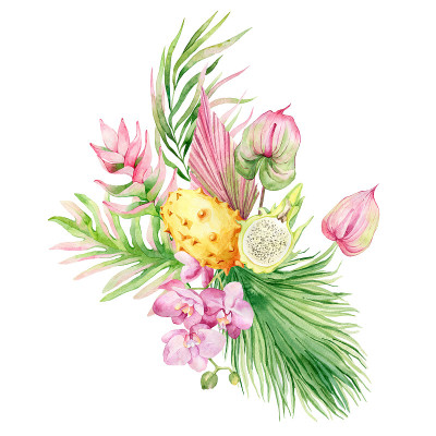 水彩花束，热带水果，鲜花和棕榈叶。