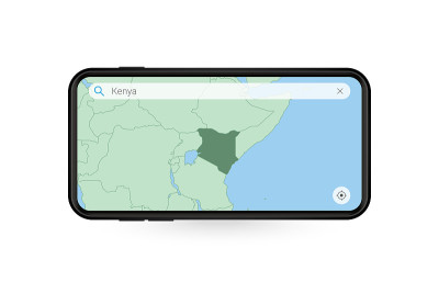 在智能手机地图应用中搜索肯尼亚地图。手机中的肯尼亚地图。