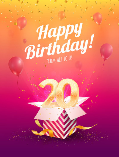 20周年矢量插图。二十周年庆典，红色丝带和五彩纸屑点缀在明亮的背景上。