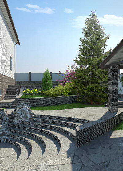 庭院梯田景观，3d渲染