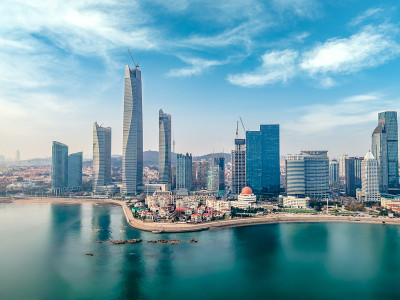航拍青岛城市风光和金融区的现代建筑