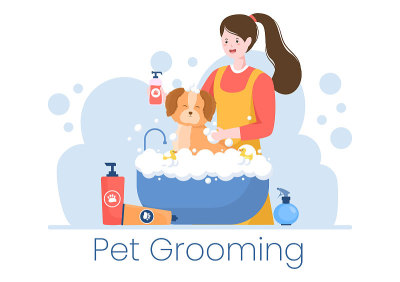 宠物美容的狗和猫在平面卡通手绘背景插图。用于美容院海报或横幅的主要工具